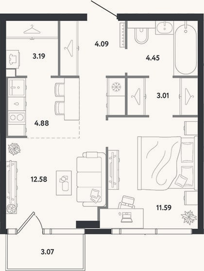 Планировка: 1-к, 43,8 м²