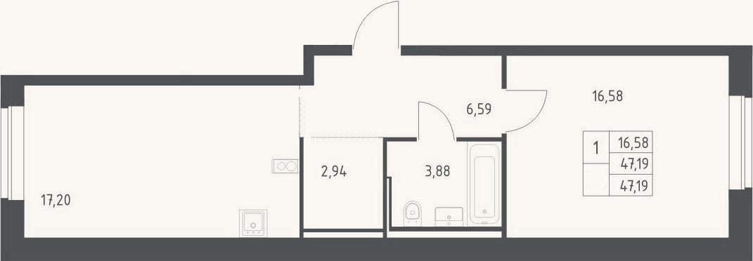 Планировка: 2-к, 47,2 м²