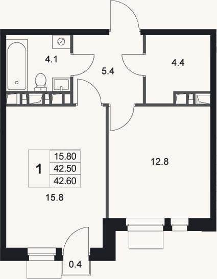 Планировка: 1-к, 42,5 м²