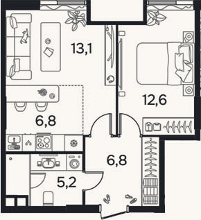 Планировка: 2-к, 44,3 м²
