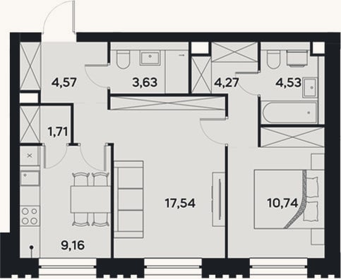 Планировка: 2-к, 56,2 м²