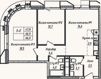 Планировка: 3-к, 66,9 м²