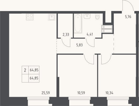 Планировка: 2-к, 64,9 м²