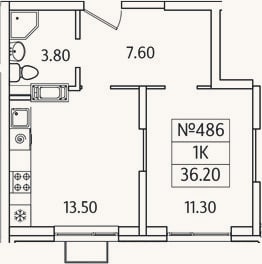Планировка: 1-к, 36,2 м²