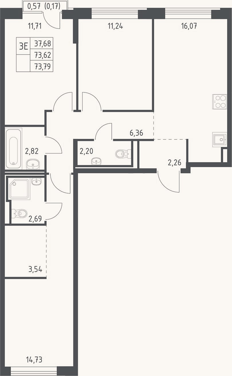 Планировка: 4+ к, 73,6 м²