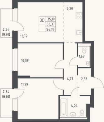 Планировка: 3-к, 53,4 м²
