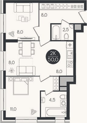 Планировка: 3-к, 50 м²