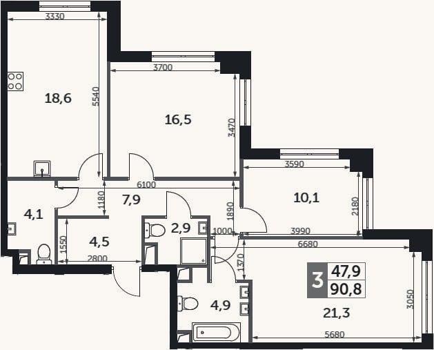 Планировка: 3-к, 90,8 м²