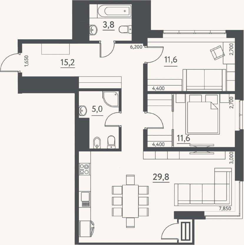 Планировка: 3-к, 77 м²