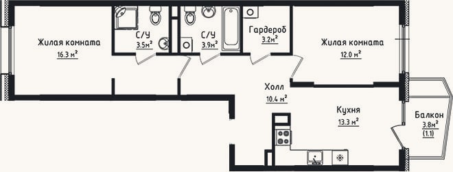Планировка: 2-к, 62,6 м²