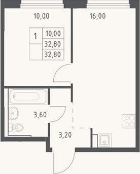 Планировка: 2-к, 32,8 м²