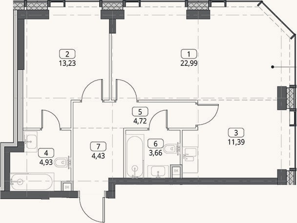 Планировка: 2-к, 65,4 м²