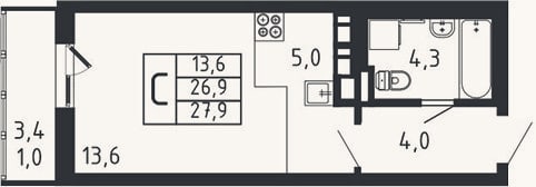 Планировка: Студия, 26,9 м²