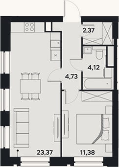 Планировка: 2-к, 46 м²