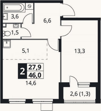 Планировка: 2-к, 44,7 м²