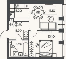Планировка: 2-к, 42,3 м²