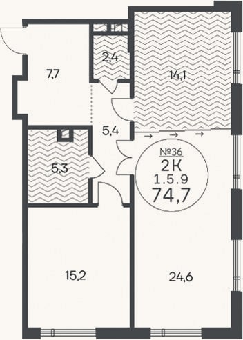 Планировка: 2-к, 74,7 м²