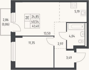 Планировка: 2-к, 40,5 м²