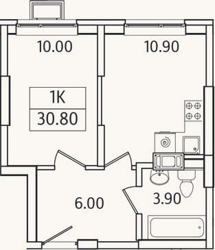 Планировка: 1-к, 30,8 м²