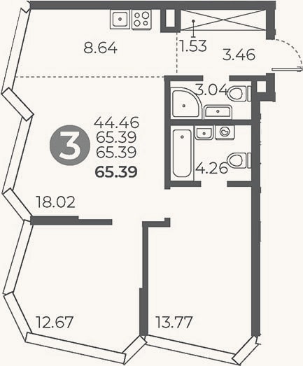 Планировка: 2-к, 65,4 м²