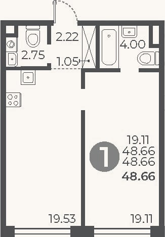 Планировка: 1-к, 48,7 м²