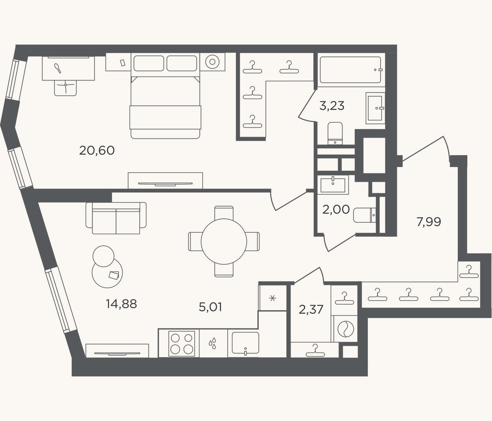 Планировка: 2-к, 56,1 м²
