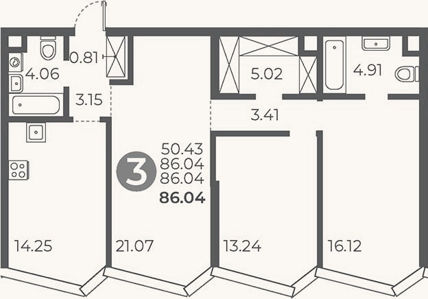 Планировка: 3-к, 86 м²