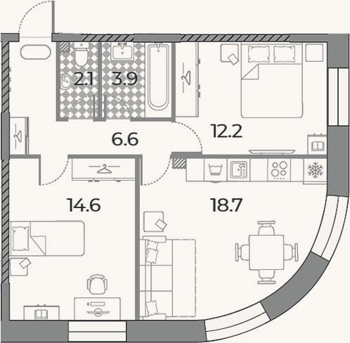 Планировка: 3-к, 58,1 м²