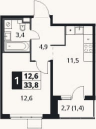 Планировка: 1-к, 32,4 м²