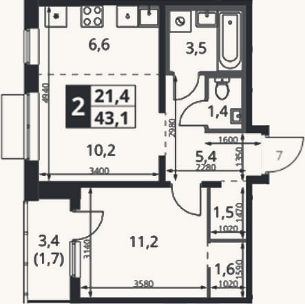Планировка: 2-к, 42,5 м²