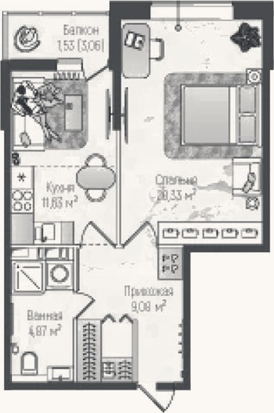 Планировка: 2-к, 45,9 м²