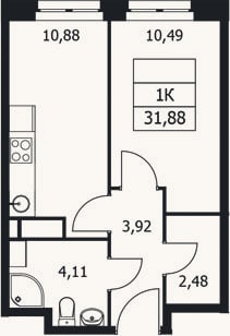 Планировка: 1-к, 31,9 м²