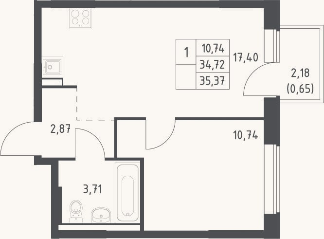 Планировка: 2-к, 34,7 м²