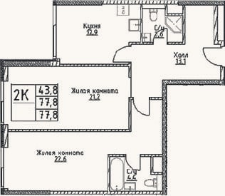 Планировка: 2-к, 77,8 м²