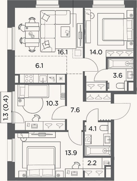 Планировка: 4+ к, 77,9 м²