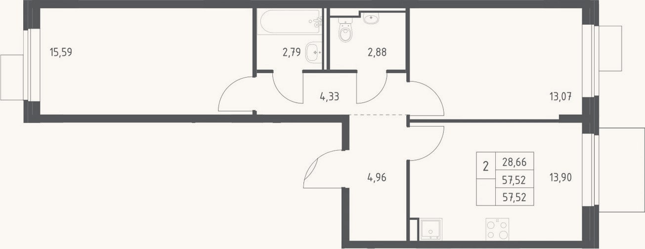 Планировка: 2-к, 57,5 м²