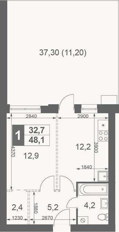 Планировка: 1-к, 36,9 м²