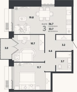 Планировка: 3-к, 53,7 м²
