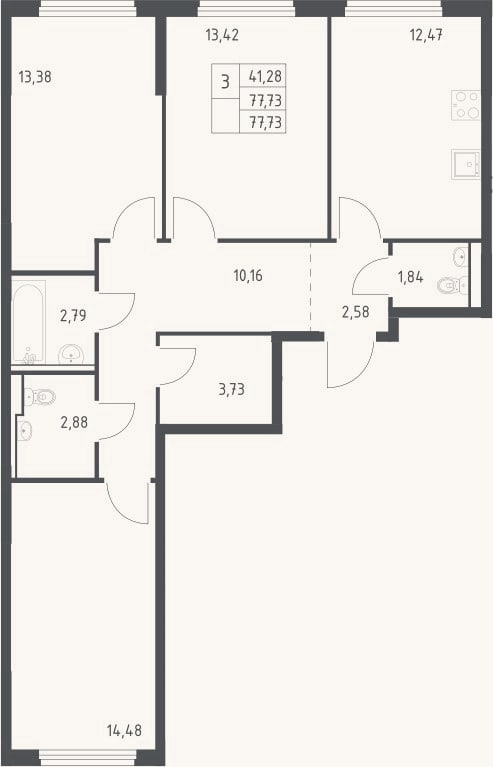 Планировка: 3-к, 77,7 м²