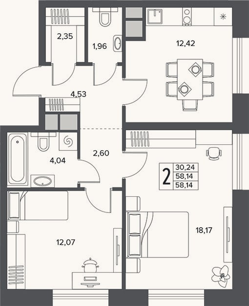 Планировка: 2-к, 58,1 м²