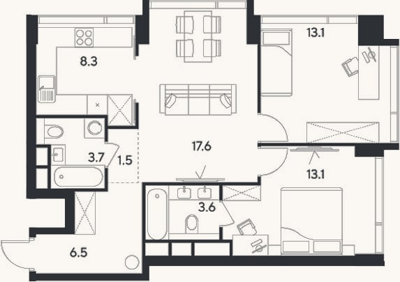Планировка: 3-к, 67,4 м²