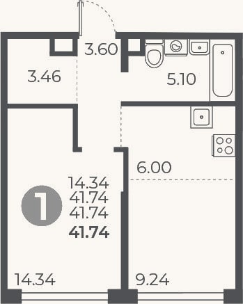 Планировка: 1-к, 41,7 м²