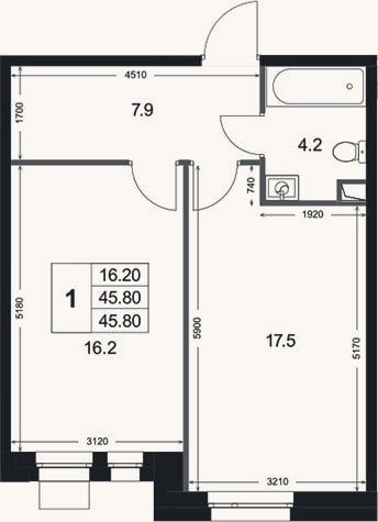 Планировка: 1-к, 45,8 м²