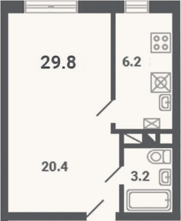Планировка: 1-к, 29,8 м²