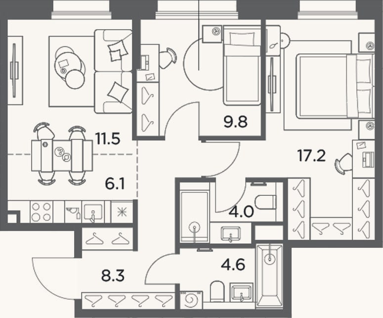 Планировка: 3-к, 61,5 м²