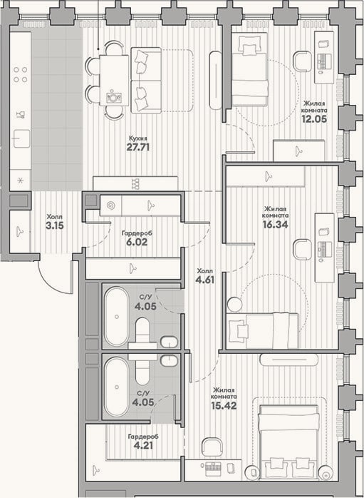 Планировка: 3-к, 97,6 м²