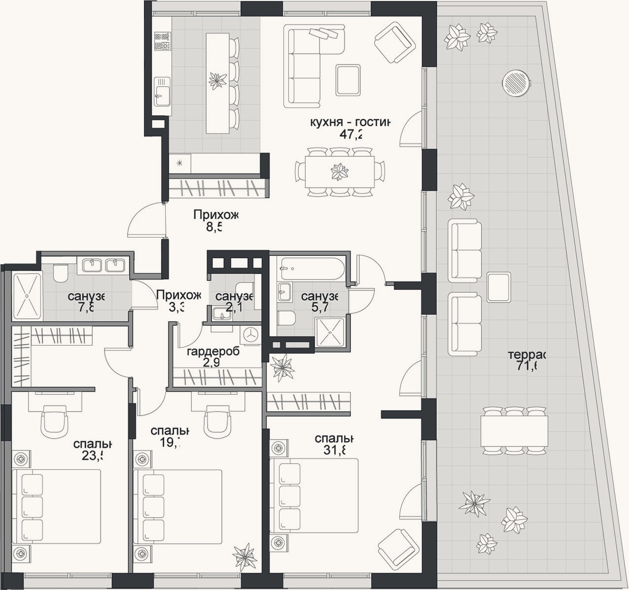 Планировка: 4+ к, 153 м²