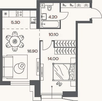 Планировка: 2-к, 50,5 м²