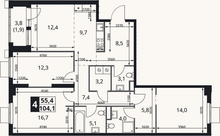 Планировка: 4+ к, 103,5 м²