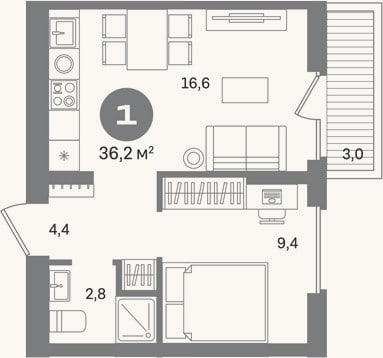 Планировка: 1-к, 33,2 м²